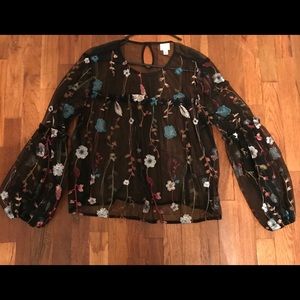 Black sheer floral top with bell sleeves
